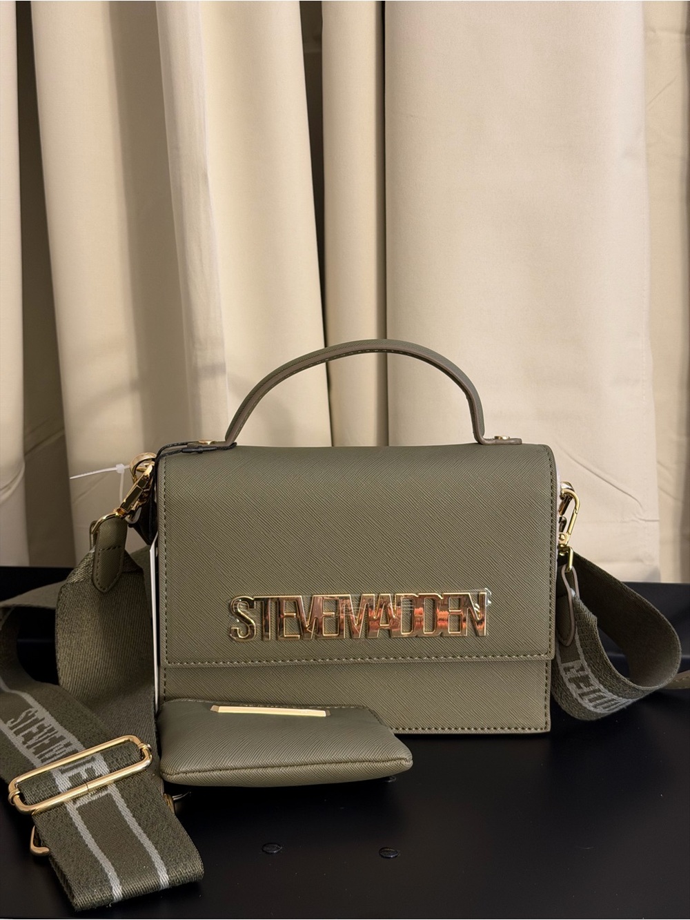 Steve Madden Olive Green Top-Handle Crossbody with Gold Logo